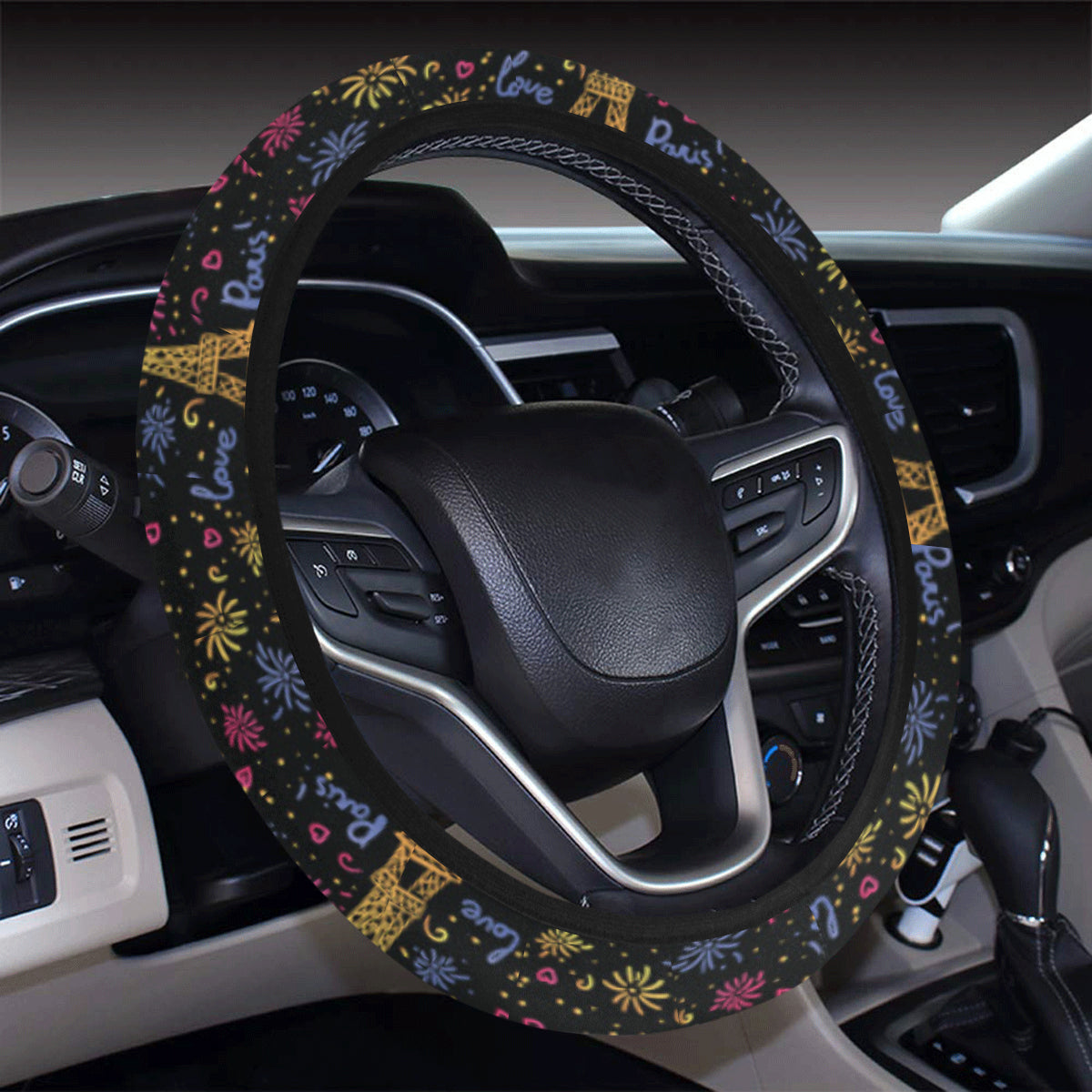 Eiffel Tower Love Paris Print Steering Wheel Cover with Elastic Edge