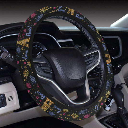 Eiffel Tower Love Paris Print Steering Wheel Cover with Elastic Edge