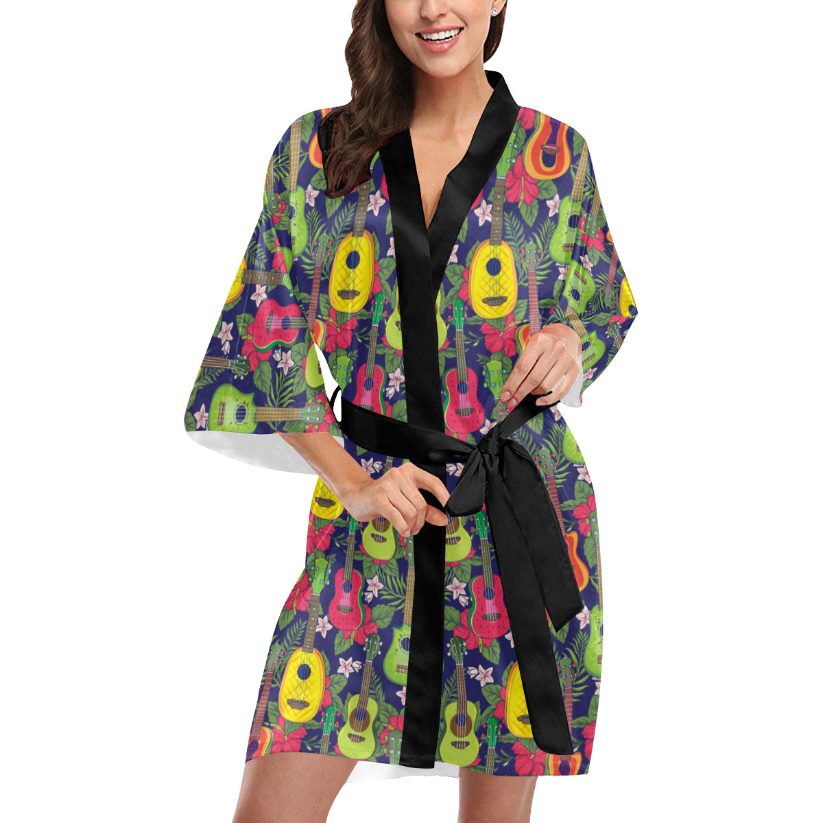Ukulele Tropical Pattern Print Design 03 Women's Short Kimono