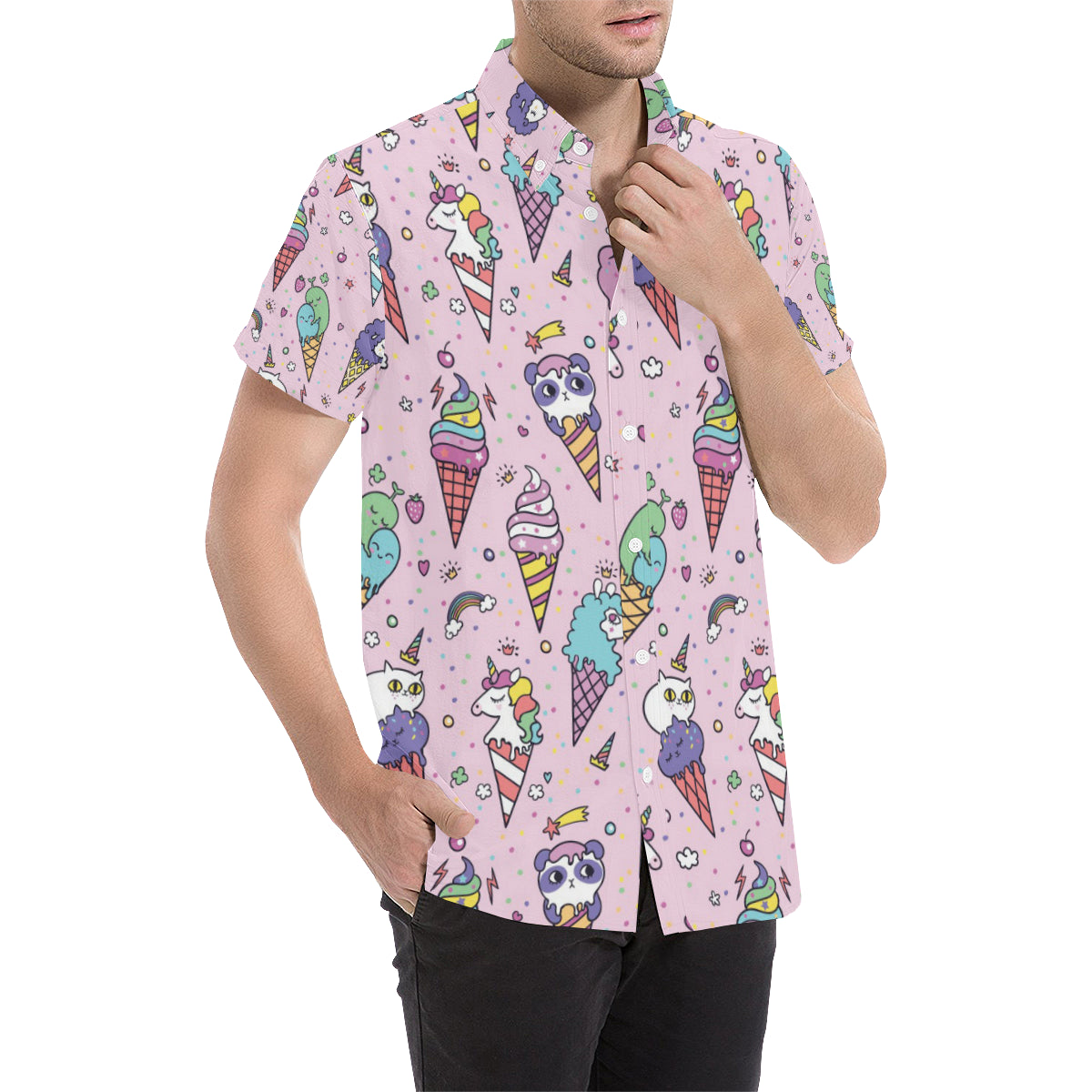 Ice Cream Pattern Print Design IC05 Men's Short Sleeve Button Up Shirt