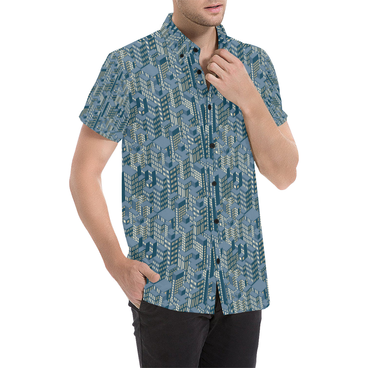 City  Pattern Print Design 01 Men's Short Sleeve Button Up Shirt