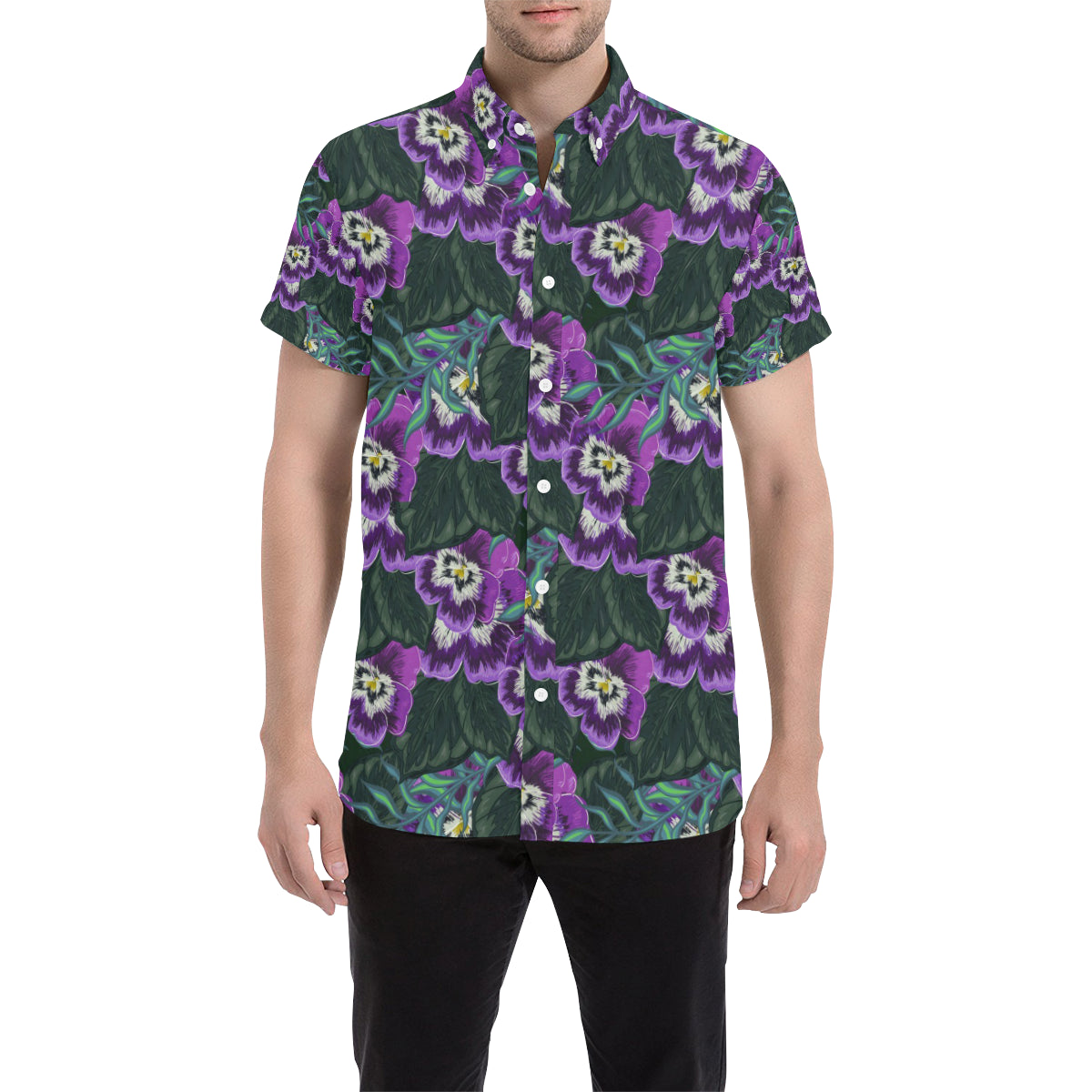 Pansy Pattern Print Design PS07 Men's Short Sleeve Button Up Shirt
