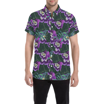 Pansy Pattern Print Design PS07 Men's Short Sleeve Button Up Shirt