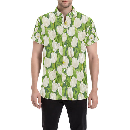 Tulip White Pattern Print Design TP05 Men's Short Sleeve Button Up Shirt