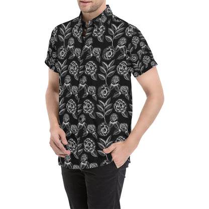Camellia Pattern Print Design 02 Men's Short Sleeve Button Up Shirt