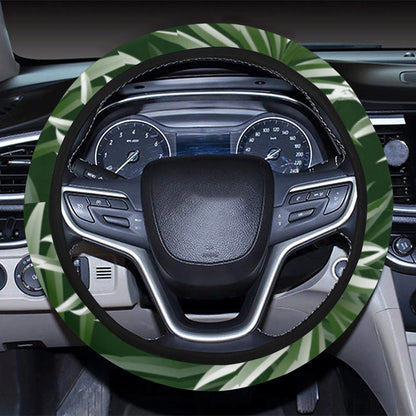 White Green Tropical Palm Leaves Steering Wheel Cover with Elastic Edge