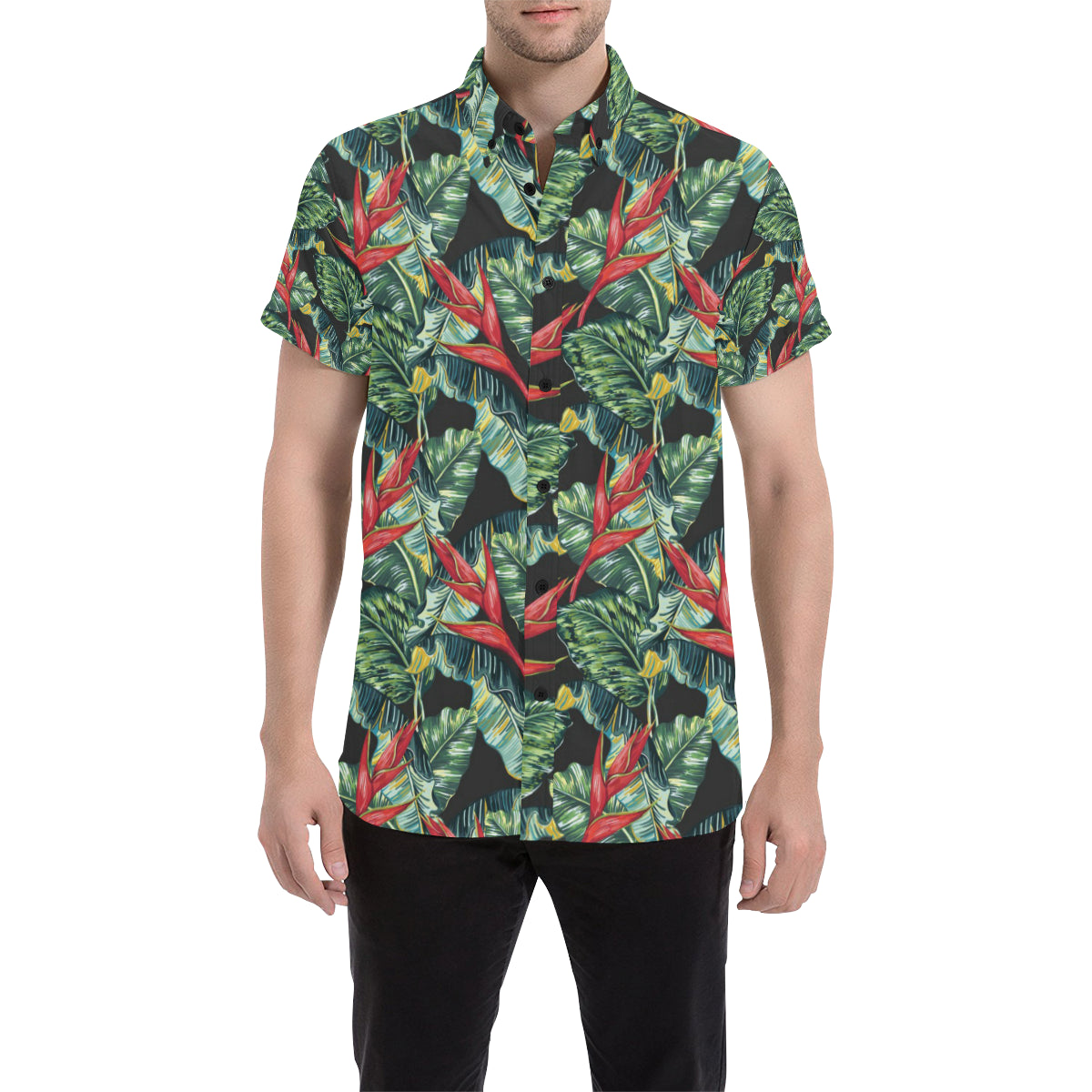 Bird Of Paradise Pattern Print Design BOP06 Men's Short Sleeve Button Up Shirt