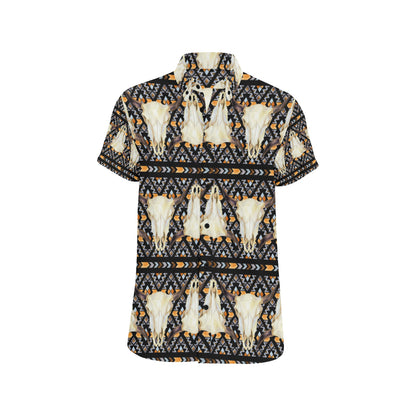 Buffalo Head Pattern Print Design 03 Men's Short Sleeve Button Up Shirt