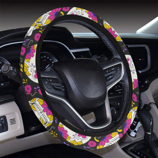 sugar skull Floral Pattern Steering Wheel Cover with Elastic Edge