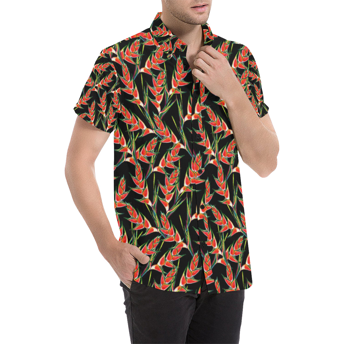 Heliconia Pattern Print Design HL010 Men's Short Sleeve Button Up Shirt