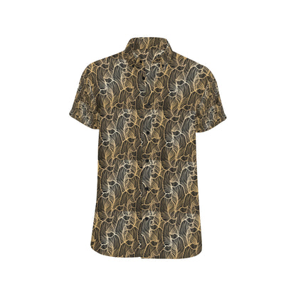 Elegant Gold leaf Print Men's Short Sleeve Button Up Shirt
