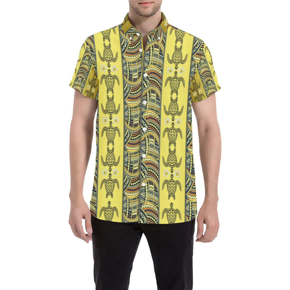 Polynesian Turtle Hawaiian Design Print Men's Short Sleeve Button Up Shirt