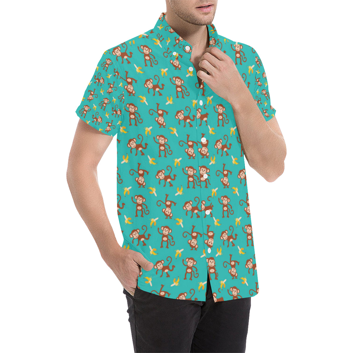 Monkey Banana Design Themed Print Men's Short Sleeve Button Up Shirt