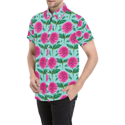 Dahlia Pattern Print Design DH08 Men's Short Sleeve Button Up Shirt