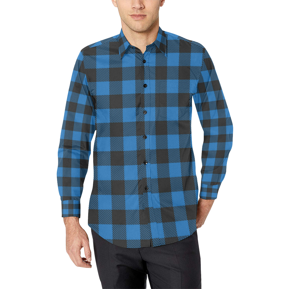 Buffalo check Blue Pattern Print Design 03 Men's Long Sleeve Shirt