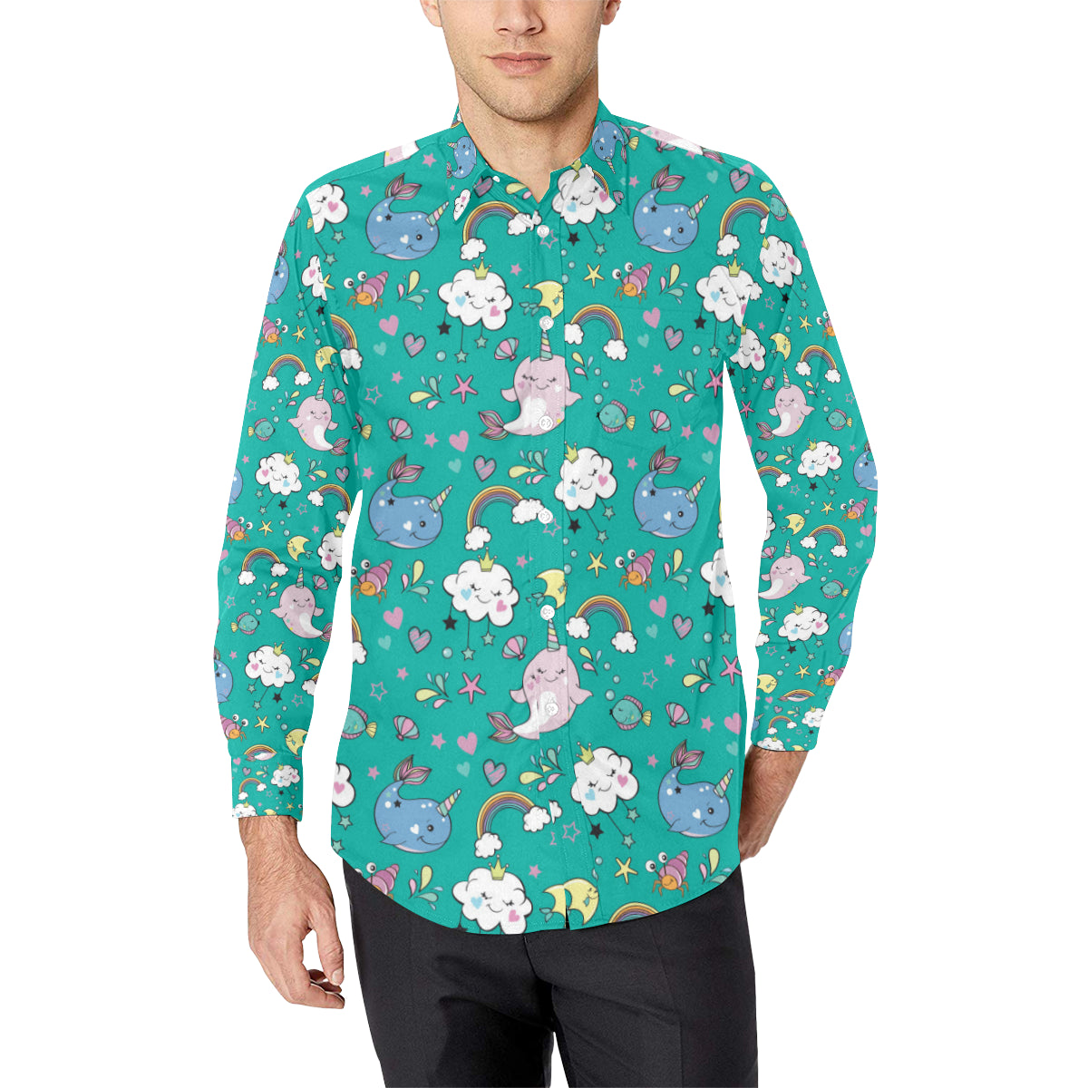 Narwhal Pattern Print Design 04 Men's Long Sleeve Shirt