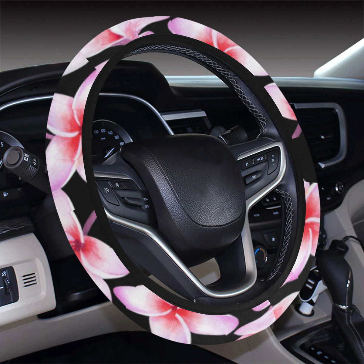 Pink Plumeria Pattern Print Design PM09 Steering Wheel Cover with Elastic Edge