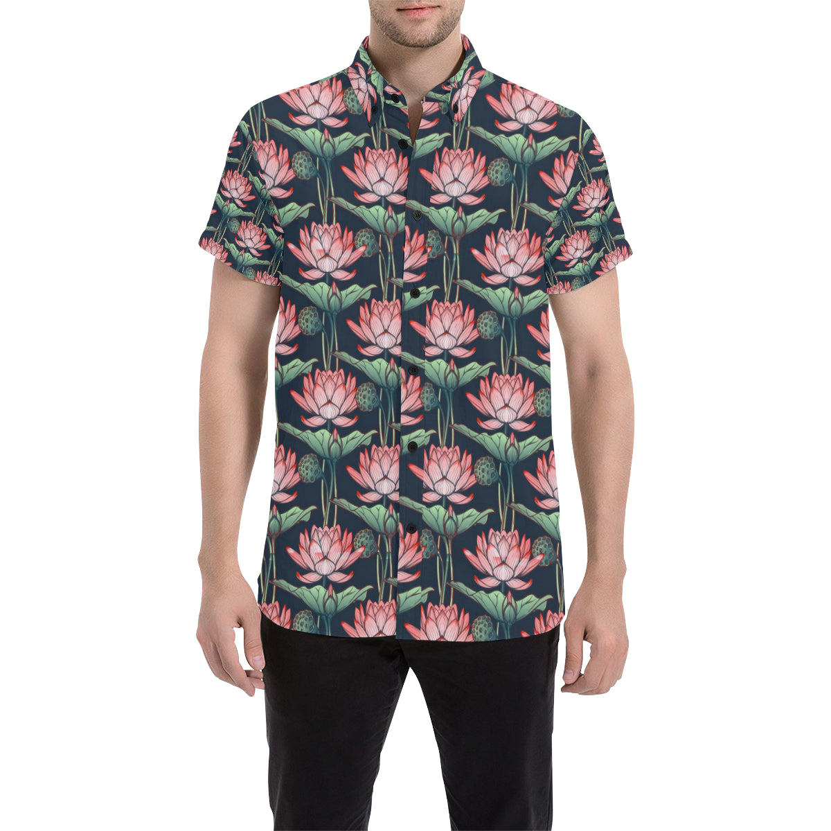 Water Lily Pattern Print Design WL03 Men's Short Sleeve Button Up Shirt
