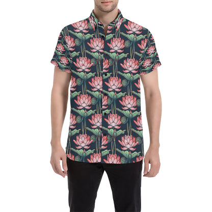 Water Lily Pattern Print Design WL03 Men's Short Sleeve Button Up Shirt