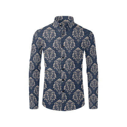 Damask Blue Luxury Print Pattern Men's Long Sleeve Shirt