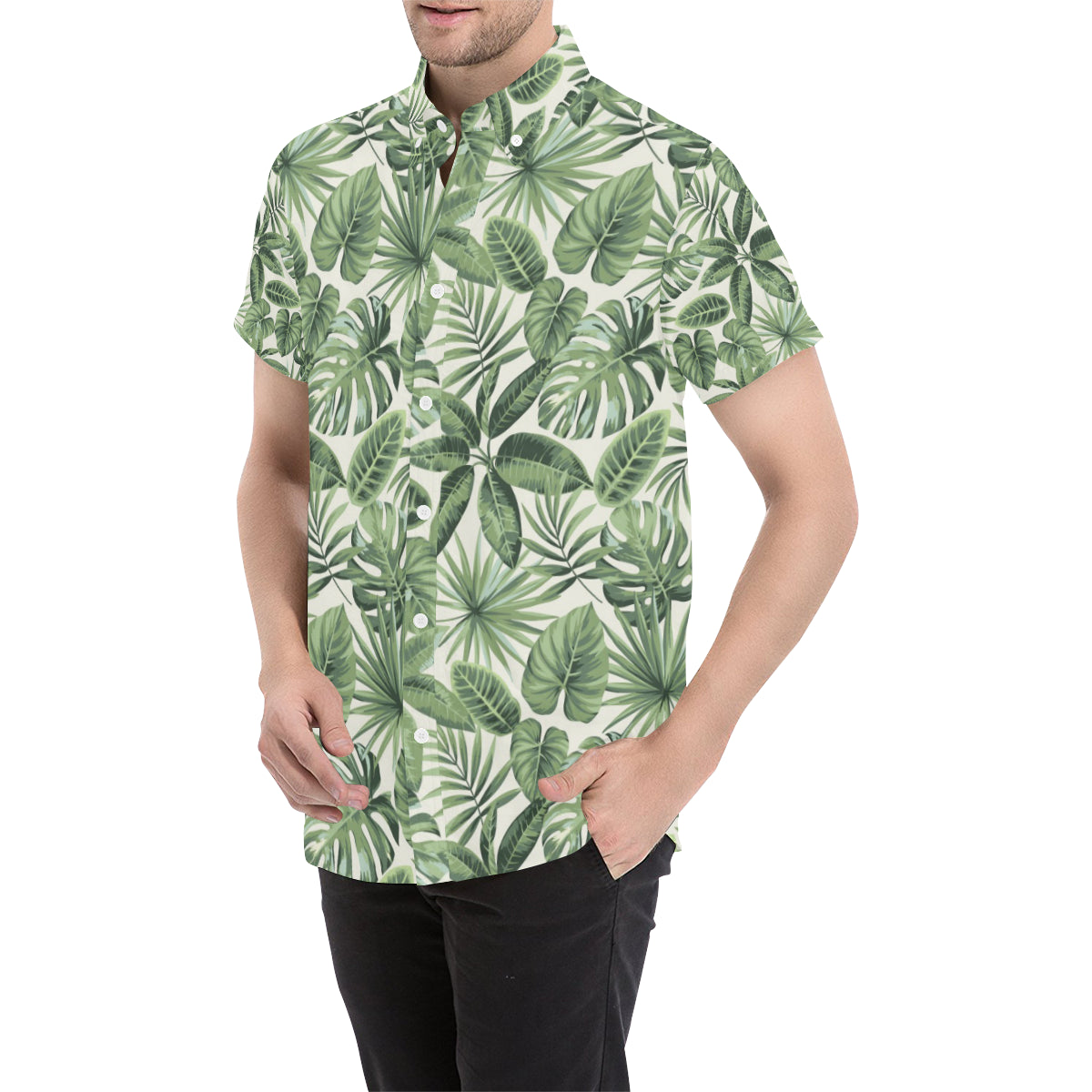 Palm Leaves Pattern Print Design PL014 Men's Short Sleeve Button Up Shirt