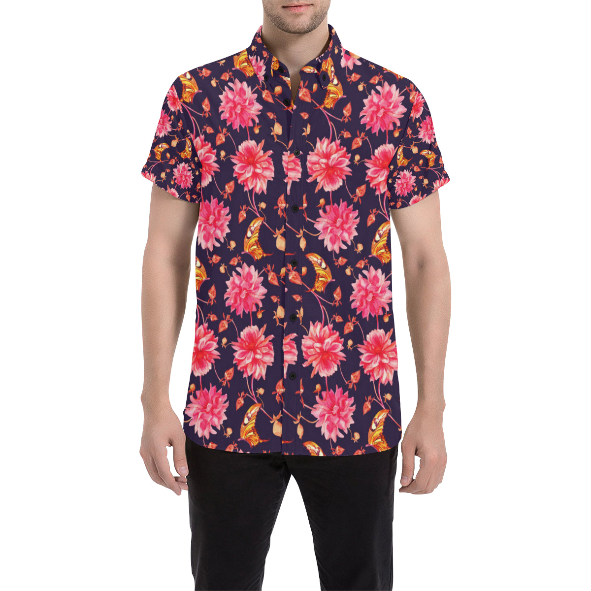 Dahlia Pattern Print Design DH03 Men's Short Sleeve Button Up Shirt
