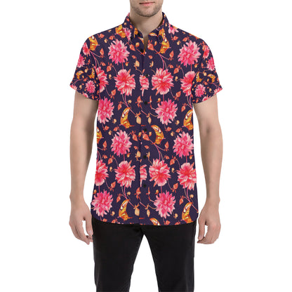 Dahlia Pattern Print Design DH03 Men's Short Sleeve Button Up Shirt