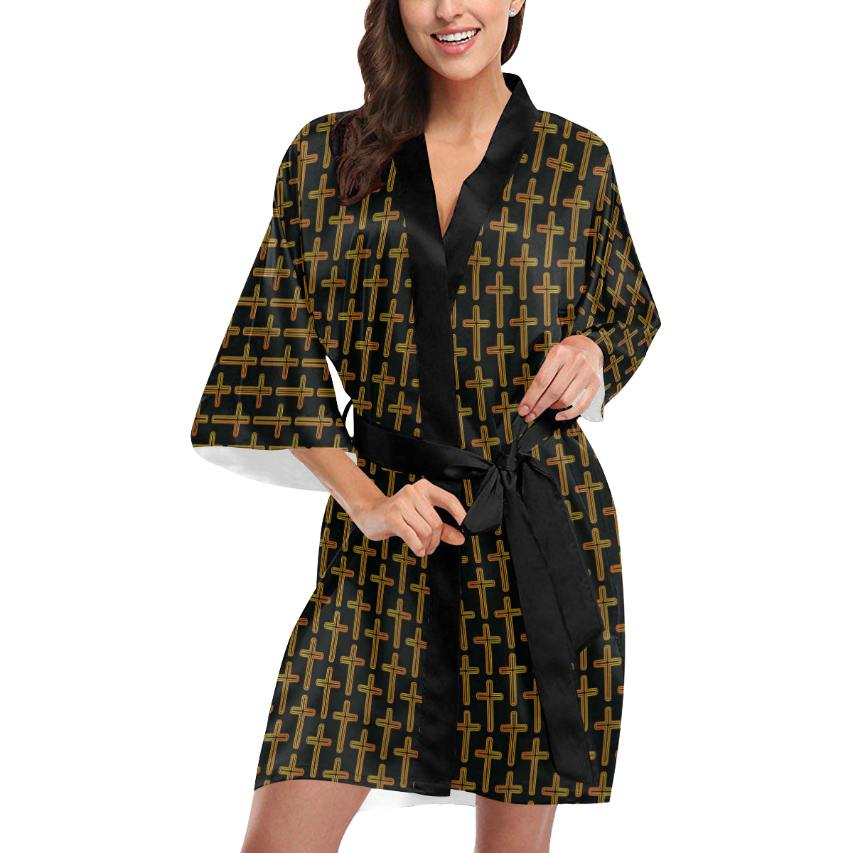 Cross Pattern Print Design 02 Women's Short Kimono