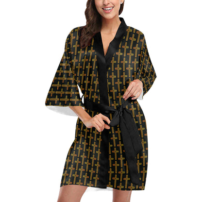Cross Pattern Print Design 02 Women's Short Kimono