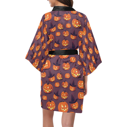 Halloween Pumpkin Pattern Print Design 03 Women's Short Kimono