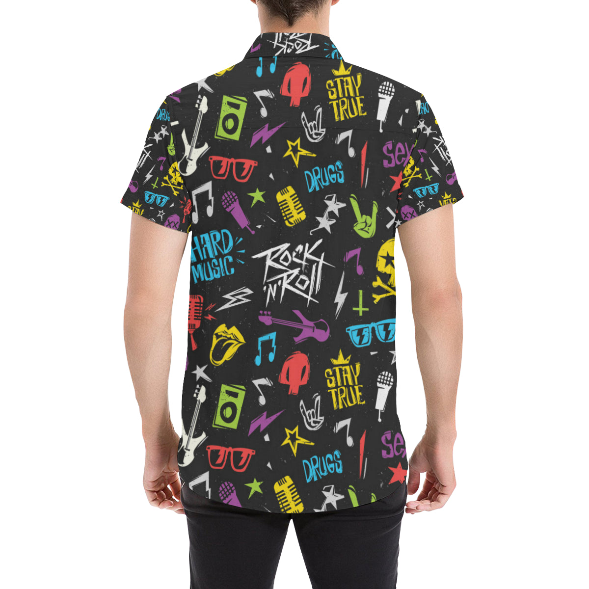 Rock and Roll Pattern Print Design A02 Men's Short Sleeve Button Up Shirt