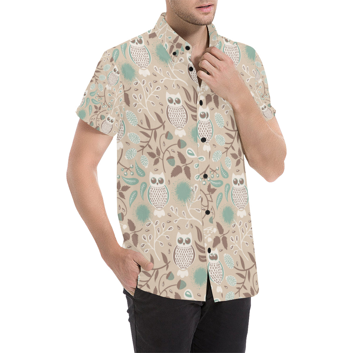 Owl Pattern Print Design A02 Men's Short Sleeve Button Up Shirt