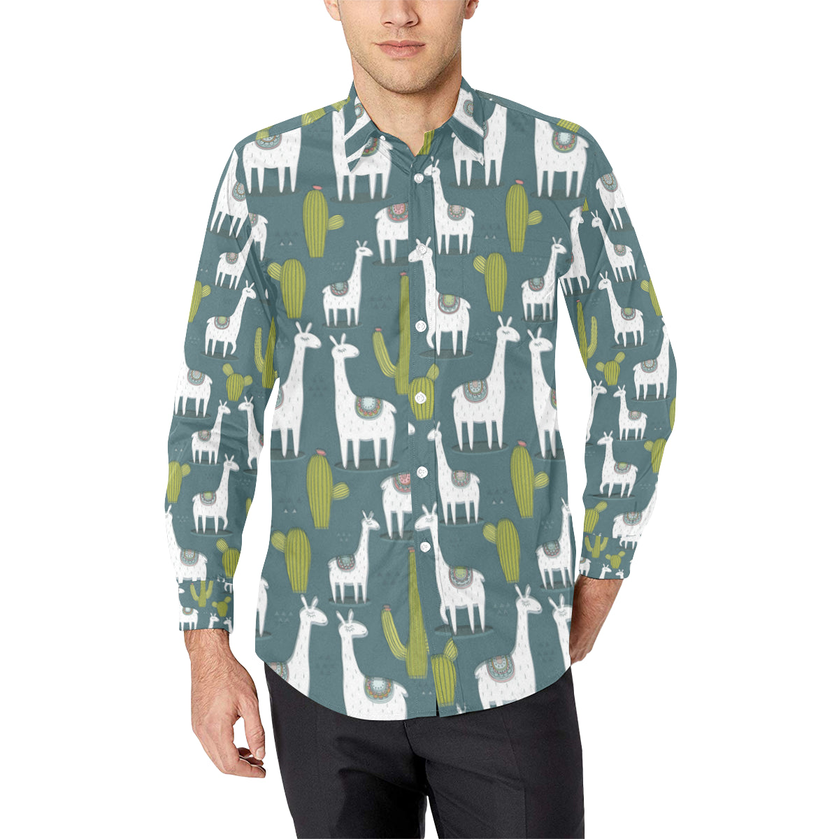 Llama Cactus Pattern Print Design 03 Men's Long Sleeve Shirt