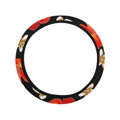 Red Hibiscus Pattern Print Design HB022 Steering Wheel Cover with Elastic Edge