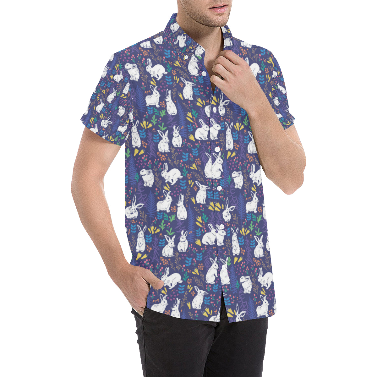Bunny Pattern Print Design 01 Men's Short Sleeve Button Up Shirt