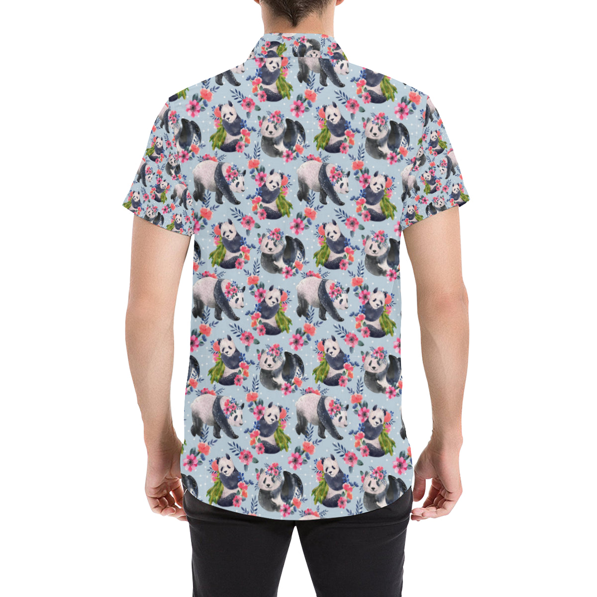 Panda Bear Flower Design Themed Print Men's Short Sleeve Button Up Shirt