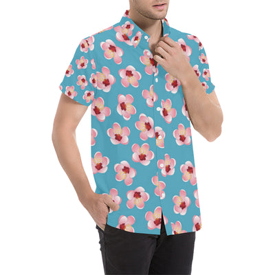 Cherry Blossom Pattern Print Design CB09 Men's Short Sleeve Button Up Shirt