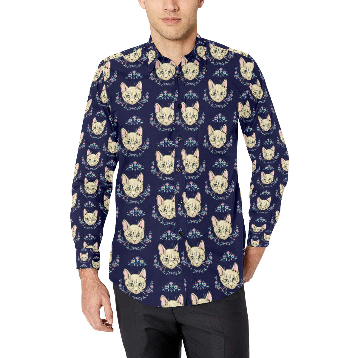 Cat Head with flower Print Pattern Men's Long Sleeve Shirt