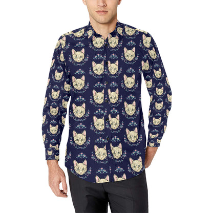 Cat Head with flower Print Pattern Men's Long Sleeve Shirt