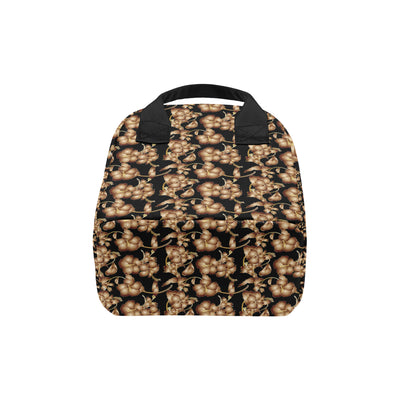 Brown Hibiscus Pattern Print Design HB06 Insulated Lunch Bag