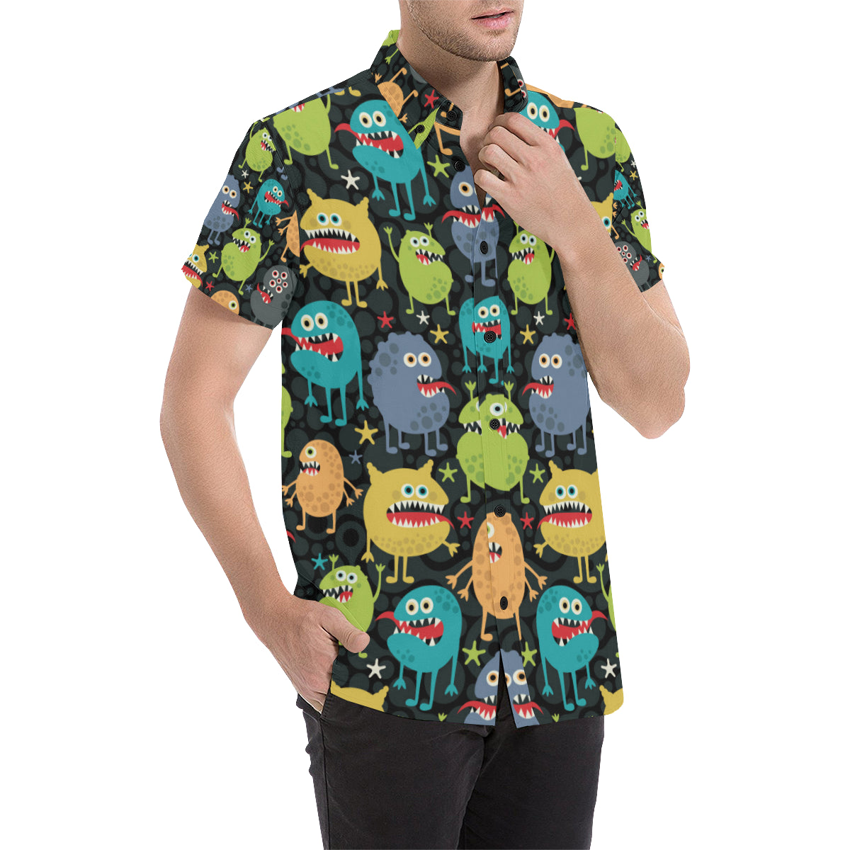 Monster Pattern Print Design 01 Men's Short Sleeve Button Up Shirt