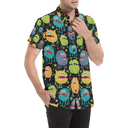 Monster Pattern Print Design 01 Men's Short Sleeve Button Up Shirt