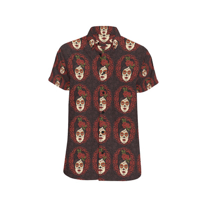 Day of the Dead Mexican Girl Men's Short Sleeve Button Up Shirt