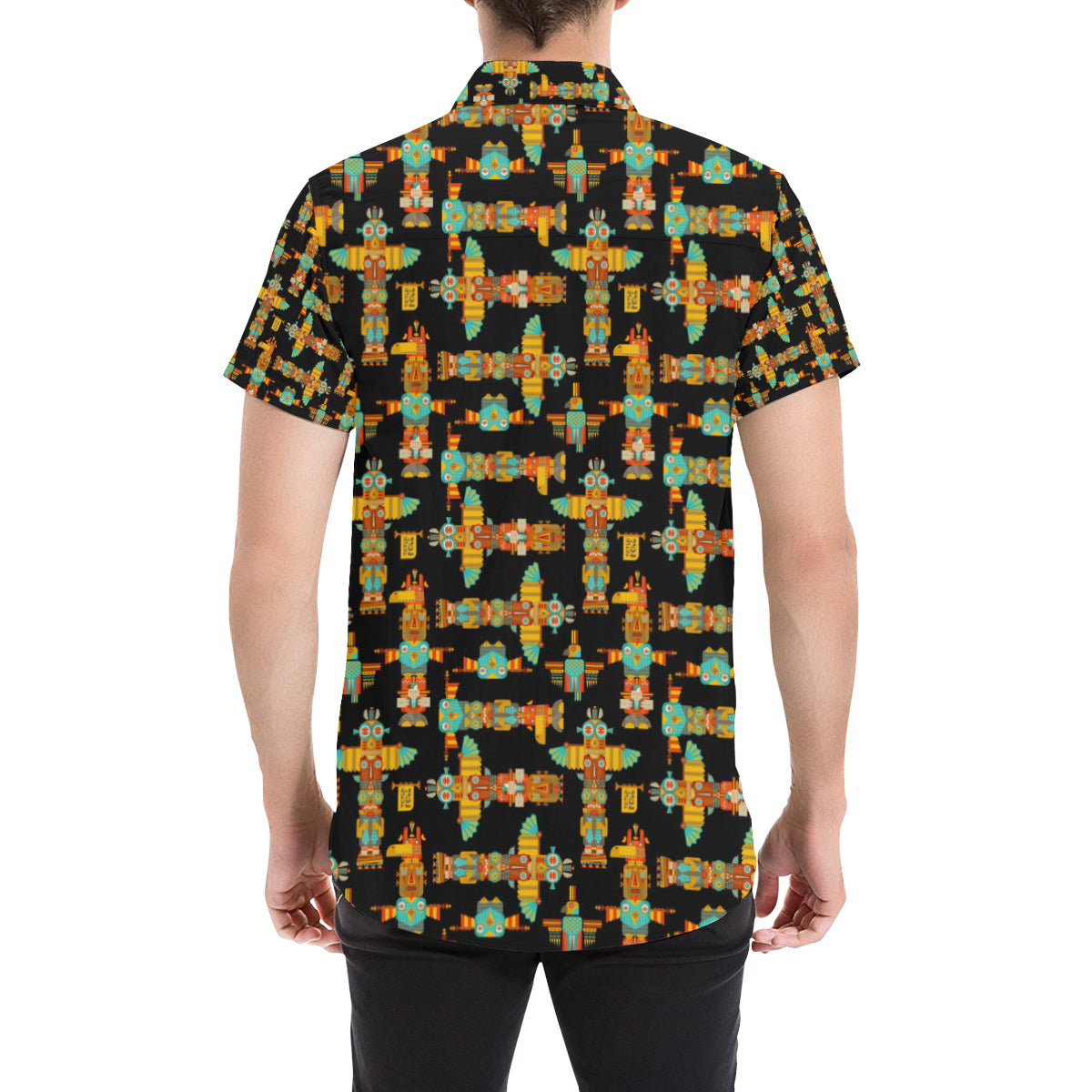 Totem Pole Cartoon Print Men's Short Sleeve Button Up Shirt