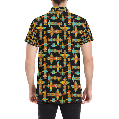 Totem Pole Cartoon Print Men's Short Sleeve Button Up Shirt