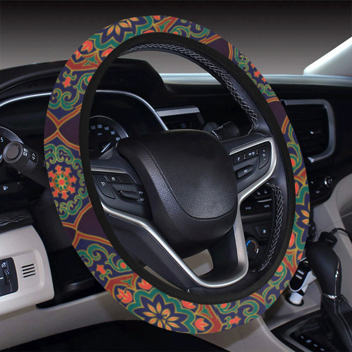 Medallion Pattern Print Design 03 Steering Wheel Cover with Elastic Edge