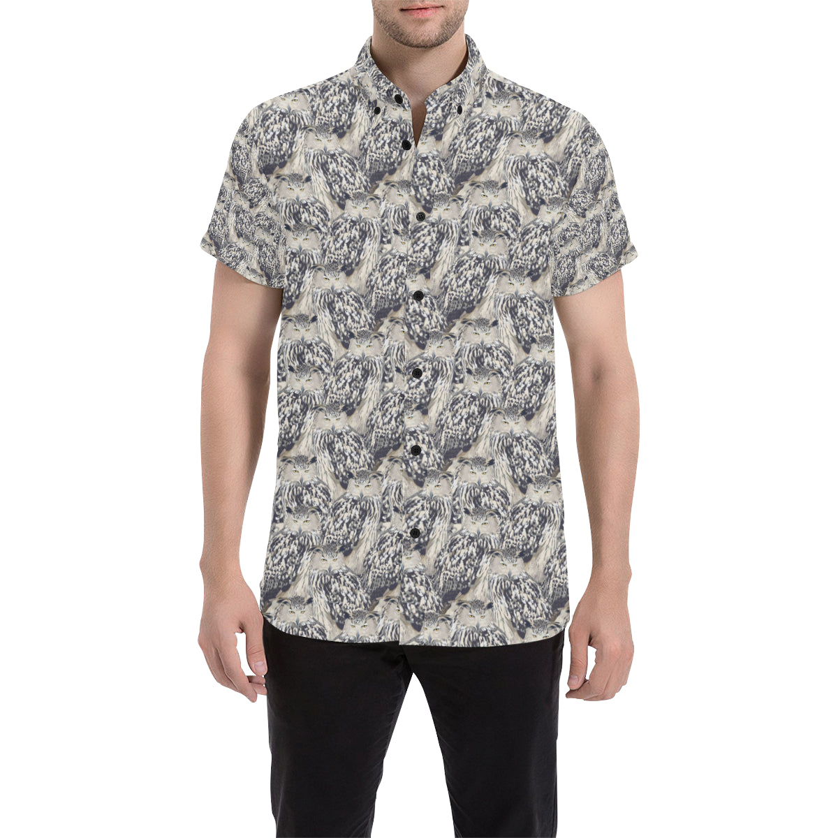 Owl Realistic Themed Design Print Men's Short Sleeve Button Up Shirt