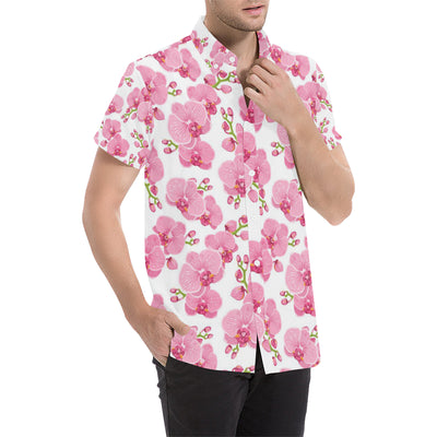 Orchid Pink Pattern Print Design OR07 Men's Short Sleeve Button Up Shirt