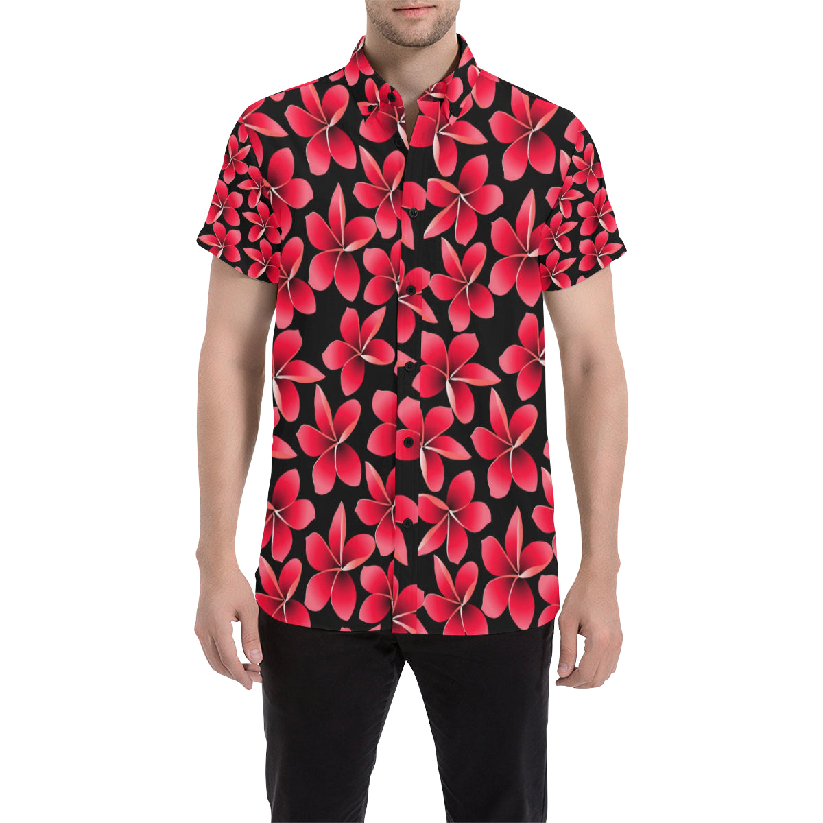 Red Plumeria Pattern Print Design PM025 Men's Short Sleeve Button Up Shirt