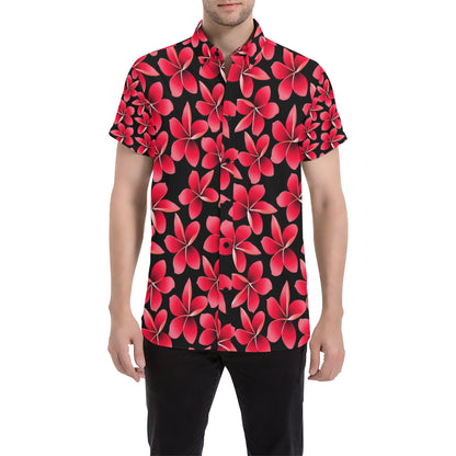 Red Plumeria Pattern Print Design PM025 Men's Short Sleeve Button Up Shirt